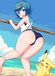  :o ;3 ass back bare_arms bare_legs beach blue_eyes blue_hair blue_sky blush cloud day from_behind full_body gen_1_pokemon hairband highres hips looking_at_viewer looking_back ocean one-piece_swimsuit open_mouth pikachu pokemon pokemon_(creature) pokemon_(game) pokemon_sm shirt short_hair sky sleeveless sleeveless_shirt smile suiren_(pokemon) swimsuit swimsuit_under_clothes thumbs_up trial_captain unholysoul wavy_mouth 