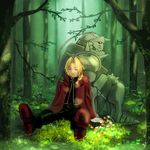  alphonse_elric armor back-to-back belt black_pants black_shirt blonde_hair boots braid branch brothers chatan_(kitatani0622) closed_eyes coat edward_elric flower full_armor fullmetal_alchemist gloves grass happy leaf leaning_back male_focus multiple_boys nature pants red_coat shirt siblings sitting sleeping sleeping_upright smile sunlight tree 