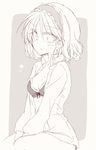  alice_margatroid between_legs blush bra breasts cleavage commentary_request greyscale hair_between_eyes hairband hand_between_legs kneeling long_sleeves looking_at_viewer medium_breasts monochrome open_clothes open_shirt satou_kibi shirt sketch solo sweatdrop touhou underwear 
