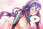  1girl all_fours alone areolae ass bent_over blue_eyes blue_hair blush breasts crown embarrassed female fire_emblem half_naked half_nude hanging_breasts hips large_breasts long_hair looking_at_viewer lucina nipples nude puffy_nipples smile solo thighs 