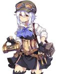  bag blush corset cowboy_shot fingerless_gloves gloves goggles goggles_on_head goggles_on_headwear hat highres looking_at_viewer normaland princess_principal princess_principal_game_of_mission red_eyes ribbon simple_background solo tool_belt toolbox tools white_background white_hair wrench 