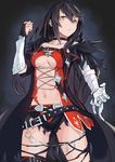  1girl bandage bandaged_arm bare_shoulders belt black_hair blush braid breasts choker coat long_hair navel short_shorts shorts solo tales_of_(series) tales_of_berseria torn_clothes velvet_crowe very_long_hair yellow_eyes 