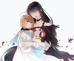  1boy 1girl ahoge bandaged_arm black_hair blonde_hair buckle eyes_closed highres laphicet_(tales) long_hair robe smile tales_of_(series) tales_of_berseria thighhighs torn_clothes velvet_crowe 