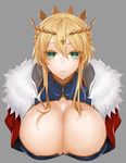  ahoge apt artoria_pendragon_(all) artoria_pendragon_(lancer) blonde_hair breasts cleavage closed_mouth commentary_request crown expressionless fate/grand_order fate_(series) fur_trim green_eyes hair_between_eyes highres huge_breasts looking_at_viewer sidelocks upper_body 