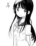  :d bangs blouse blunt_bangs breasts buttons collarbone commentary_request gochuumon_wa_usagi_desu_ka? greyscale hoto_cocoa's_school_uniform long_hair looking_at_viewer monochrome nao_(70_pocky) neck_ribbon open_mouth ribbon sailor_collar school_uniform serafuku short_sleeves sidelocks simple_background small_breasts smile solo ujimatsu_chiya upper_body white_background 