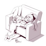  blush couch drill_hair hair_ornament hood hoodie long_hair mahou_shoujo_madoka_magica mitakihara_school_uniform monochrome mr_nini multiple_girls on_couch petting sakura_kyouko school_uniform sitting sleeping smile tomoe_mami wariza 