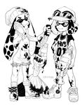  2girls bike_shorts boots brush estyy goggles inkling monochrome multiple_girls nintendo simple_background splatoon splatoon_2 tentacle tentacle_hair 