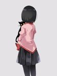  black_cat black_hair black_skirt cat cowboy_shot facing_away from_behind grey_background hammer_(sunset_beach) holding holding_cat long_sleeves looking_at_viewer monogatari_(series) oshino_ougi pink_shirt pleated_skirt shirt short_hair simple_background skirt sleeves_past_wrists solo standing thighhighs 