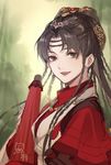  bangs braid brown_eyes brown_hair chinese_clothes commentary_request from_side highres holding holding_umbrella long_hair looking_at_viewer looking_to_the_side oriental_umbrella parted_bangs parted_lips shi_er_xian smile solo umbrella 