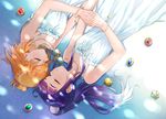  asahina_mirai blonde_hair bracelet brooch closed_eyes dress gobou_1000 interlocked_fingers izayoi_liko jewelry long_hair lying mahou_girls_precure! multiple_girls on_back pendant precure purple_hair short_hair sleeping white_dress yuri 