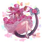  animal ass bangs bell blue_eyes bow clothed_animal commentary dress elizabeth_bathory_(fate) elizabeth_bathory_(fate)_(all) fang fate/extra fate/extra_ccc fate_(series) fish_tail floral_background flower frilled_skirt frills hands_on_headwear hat hat_flower high_heels highres long_hair long_sleeves looking_at_viewer one_eye_closed open_mouth pig pink_dress pink_hair pink_hat red_flower red_rose rolua rose skirt smile solo squirrel tail tail_bell tail_bow tail_flower tail_ornament top_hat white_background wrist_cuffs 