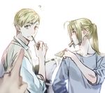  ? alphonse_elric animal blonde_hair brothers den_(fma) dog eating edward_elric expressionless eyebrows_visible_through_hair food fullmetal_alchemist grey_shirt long_hair long_sleeves looking_at_viewer looking_away male_focus multiple_boys noako out_of_frame pie pointing ponytail pov pov_hands shirt short_hair siblings simple_background white_background white_shirt yellow_eyes 