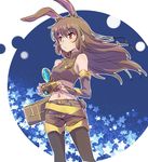  adapted_costume animal_ears black_legwear bridal_gauntlets brown_eyes brown_hair bunny_ears bunny_tail camera commentary detached_sleeves iesupa long_hair midriff navel pantyhose rwby shorts sleeveless solo star tail velvet_scarlatina wind 