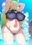  1girl armpits arms_behind_head arms_up bare_arms bare_legs blush breasts cleavage cleavage_cutout clouds erect_nipples eyes_closed happy highres horns huge_breasts kobayashi-san_chi_no_maidragon legs long_hair magatsuchi_shouta mound_of_venus multicolored_hair navel ocean open_mouth outdoors partially_submerged plump pubic_hair quetzalcoatl_(maidragon) sky sleeveless smile standing sweatdrop swimsuit tetrodotoxin thick_thighs thighs thong water 