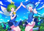  2girls ascot blue_eyes blue_hair bow breasts brown_footwear cirno cloud cloudy_sky daiyousei day dress fairy_wings fang forest green_eyes green_hair hair_bow hand_holding highres ice ice_wings jumping looking_at_viewer medium_breasts multiple_girls nature neck_ribbon puffy_short_sleeves puffy_sleeves ribbon shoes short_hair short_sleeves sky small_breasts smile socks thighs touhou tree wings yuujin_(mhhnp306) 