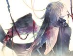  backless_dress backless_outfit bandages black_dress black_wings dress feathered_wings from_behind gradient gradient_background grey_eyes grey_hair kuroyuki long_hair looking_to_the_side male_focus mouth_hold original profile solo white_background wings 