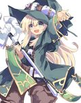  absurdres blonde_hair blue_eyes blush character_request hat highres long_hair looking_at_viewer normaland open_mouth robe smile solo staff witch_hat 