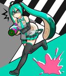  :/ bare_shoulders black_legwear boots closed_mouth commentary_request crossover detached_sleeves domino_mask full_body green_eyes green_hair hair_between_eyes hatsune_miku headphones headset holding holding_weapon inkling long_hair looking_at_viewer mask necktie nonaka_hako running shirt skirt solo splatoon_(series) suction_cups super_soaker tentacle_hair thigh_boots thighhighs twintails very_long_hair vocaloid weapon zettai_ryouiki 
