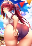  1girl adjusting_buruma adjusting_clothes ass bandana bangs blush breasts brown_eyes buruma cameltoe closed_mouth cloud cloudy_sky commentary_request curvy day eyebrows_visible_through_hair fate/grand_order fate_(series) fergus_mac_roich_(fate/grand_order) gym_uniform hair_between_eyes hair_intakes headband large_breasts long_hair looking_at_viewer looking_back pennant ponytail purple_hair red_eyes scathach_(fate)_(all) scathach_(fate/grand_order) sidelocks sky smile solo_focus sports_festival sportswear string_of_flags thighs thumbs_up twisted_torso zukky 