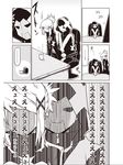  1boy 1girl chair comic cup greyscale highres hood hooded_jacket jacket jin_(mugenjin) mask monochrome navel rx_boss secretary-san_(zannen_onna-kanbu_black_general-san) sitting sitting_on_lap sitting_on_person spoken_ellipsis translated yunomi zannen_onna-kanbu_black_general-san 
