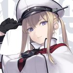  anchor_necklace arm_up black_gloves blonde_hair breasts close-up closed_mouth eyebrows_visible_through_hair face gloves graf_zeppelin_(kantai_collection) hand_on_headwear hat headgear jacket kantai_collection large_breasts long_hair looking_at_viewer necktie purple_eyes red_neckwear rokuwata_tomoe sidelocks smile solo white_background white_jacket 