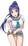  :o aqua_neckwear ass_visible_through_thighs blue_hair blush bra breasts commentary_request green_bra green_panties highres large_breasts leaning_forward long_hair long_ponytail looking_at_viewer love_live! love_live!_sunshine!! matsuura_kanan neckerchief panties pleated_skirt ponytail purple_eyes school_uniform see-through serafuku short_sleeves simple_background skirt skirt_lift solo thigh_gap tie_clip underwear uranohoshi_school_uniform wet wet_clothes white_background wringing_clothes wringing_skirt yopparai_oni 