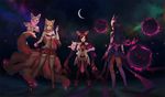  &gt;_&lt; :3 ahri animal_ears back blurry closed_eyes crescent_moon depth_of_field elbow_gloves energy_ball familiar fox_ears fox_girl fox_tail gloves hair_ornament heart jiayue_wu jinx_(league_of_legends) league_of_legends looking_at_viewer magical_girl midriff moon multiple_girls navel night orange_hair orb pose purple_hair red_hair skirt sky smile standing star_(sky) star_guardian_ahri star_guardian_jinx star_guardian_syndra starry_sky syndra tail thighhighs twintails v v-shaped_eyebrows wallpaper wavy_mouth zettai_ryouiki 