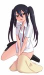  black_hair blush brown_eyes highres hozumi_takashi k-on! long_hair nakano_azusa shirt sitting smile socks solo sweater twintails undressing 