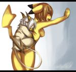  anthro_on_feral bestiality blush breasts duo female feral from_behind interspecies leaning leaning_forward looking_back male nintendo nude pikachu pok&#233;mon pok&#233;morph pokemon raichu sex side_boob size_difference small_dom_big_sub straight tartii video_games 