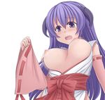  alternate_breast_size bad_id bad_pixiv_id blush bouncing_breasts bow breasts detached_sleeves hakama hanyuu hasu_(hk_works) higurashi_no_naku_koro_ni horns japanese_clothes large_breasts long_hair miko nipples purple_hair red_hakama solo sweat tears wardrobe_malfunction 