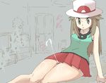  1girl blue blue_(pokemon) brown_eyes brown_hair bushizo cum cum_on_body cum_on_legs cum_on_lower_body ejaculation girl_on_top green hat legs nintendo oekaki pokemon rough sex skirt thigh_sex uncensored 