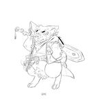  2017 bandanna black_and_white buckteeth chipmunk clothing confusion crotch_tuft ear_piercing fur hi_res jacket male mammal mazemore melee_weapon monochrome piercing rodent simple_background sketch slightly_chubby sword teeth text weapon white_background 