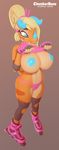  2017 3d_(artwork) anthro armpads big_breasts biped black_legwear blonde_hair blue_eyes blue_horn blue_nipples breasts brown_background brown_skin chameleon chimereon chunkerbuns clothed clothing clothing_lift coral_(seel_kaiser) countershade_face countershade_legs countershade_torso countershading curved_horn digital_media_(artwork) eyelashes female fingerless_gloves front_view gloves hair high-angle_view horn huge_breasts humanoid_hands inline_skates jackson&#039;s_chameleon knee_pads leg_warmers legwear lighting lizard looking_up multicolored_skin nipples non-mammal_breasts orange_skin panties pink_bottomwear pink_clothing pink_topwear ponytail presenting presenting_breasts reptile scalie shirt shirt_lift short_hair simple_background skimpy small_waist smile solo standing tan_countershading tan_skin underwear voluptuous wide_hips 