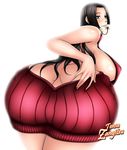  1girl alone ass back bent_over black_hair blue_eyes blush boa_hancock breasts earrings female huge_ass huge_breasts long_hair looking_at_viewer looking_back naked_sweater one_piece sideboob smile solo sweater sweater_dress thighs virgin_killer_sweater white_background wide_hips 