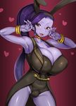  animal_ears armpits bare_shoulders bracelet breasts brown_eyes bunny_ears cleavage dragon_quest dragon_quest_xi fangs heart highres histamine_c huge_breasts jewelry long_hair looking_at_viewer martina_(dq11) ponytail purple_hair solo thighs very_long_hair 