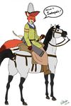  2016 anthro bow_(weapon) byzantine canine clothed clothing dialogue disney english_text equine feral fox full-length_portrait green_eyes hat horse looking_at_viewer male mammal medieval melee_weapon nick_wilde ohs688 open_mouth open_smile portrait ranged_weapon riding saddle side_view simple_background smile solo speech_bubble sword text tunic weapon white_background zootopia 
