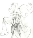  2017 anthro big_butt biped bottomless breasts butt canine cheek_tuft clothed clothing delphox digitigrade eyelashes female fur greyscale half-closed_eyes hi_res holding_clothing inner_ear_fluff long_tail mammal medium_breasts monochrome nintendo pencil_(artwork) pok&eacute;mon pok&eacute;mon_(species) portrait presenting presenting_pussy pseudo_clothing pussy simple_background small_waist smile solo standing three-quarter_portrait traditional_media_(artwork) tuft undressing unknown_artist video_games white_background wide_hips 