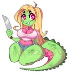  &lt;3 &lt;3_eyes alligator anthro big_breasts blonde_hair breasts cleavage clothed clothing crocodilian female green_scales hair keyhole_turtleneck knife long_hair matz matzzacre multicolored_scales navel pink_eyes pink_scales reptile scales scalie shorts simple_background smile solo sweater thick_thighs two_tone_scales white_background wide_hips 