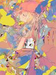  abstract alternate_costume anabone blonde_hair bow colorful commentary crystal flandre_scarlet frilled_shirt frills hat long_hair medium_hair mob_cap multicolored puffy_short_sleeves puffy_sleeves ribbon shirt short_sleeves side_ponytail solo touhou wings 