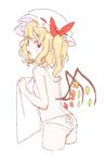  back-print_panties blonde_hair blush body_blush breasts cowboy_shot cropped_legs ear_blush fang flandre_scarlet from_side hat highres looking_at_viewer low_wings mob_cap multicolored multicolored_wings nose_blush one_side_up panties pointy_ears print_panties red_eyes ribbon_trim saple short_hair simple_background sketch small_breasts solo topless touhou underwear underwear_only white_background white_panties wings 