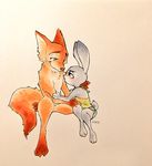  2017 3_toes 4_fingers anthro canine claws clothed clothed/nude clothed_female_nude_male clothing crossed_legs dipstick_tail disney duo female fox fur gloves_(marking) halter_top judy_hopps lagomorph male mammal markings multicolored_tail nick_wilde nude rabbit shorts simple_background socks_(marking) sweat toe_claws toes ys_kzoo zootopia 