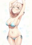  1girl akita_hika arms_up bikini black_ribbon blonde_hair blue_bikini breasts cleavage closed_mouth cowboy_shot eyebrows_visible_through_hair fate/grand_order fate_(series) hair_ribbon highres large_breasts multicolored multicolored_background navel okita_souji_(fate) okita_souji_(fate)_(all) ribbon sakura_saber short_hair side-tie_bikini solo swimsuit swimsuits yellow_eyes 