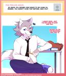  2017 anthro ask_blog bag blue_eyes book canine clothed clothing crossed_legs dialogue dipstick_tail english_text footwear front_view fur gavin_(tokifuji) grey_fur leaning looking_at_viewer mammal multicolored_fur multicolored_tail necktie pencil_(disambiguation) portrait shoes simple_background sitting smile text three-quarter_portrait tokifuji tumblr two_tone_fur white_fur wolf 