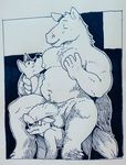  5_fingers anthro balls black_and_white canine cum cum_on_face equine erection eyes_closed fox fur glitter_trap_boy horse male male/male mammal monochrome nipple_suck nipples nude penis pubes slightly_chubby sucking sweat traditional_media_(artwork) 