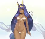  &lt;o&gt;_&lt;o&gt; absurdres animal_ears armlet arms_at_sides ass_visible_through_thighs bandeau bikini bikini_pull blue_eyes breasts cleavage closed_mouth collarbone cowboy_shot dark_skin earrings eyebrows_visible_through_hair facial_mark fate/grand_order fate_(series) front-tie_bikini front-tie_top gradient gradient_background hair_tubes hairband highres hoop_earrings jackal_ears jewelry large_breasts long_hair looking_at_viewer low-tied_long_hair medjed nakamura_nagare navel nitocris_(fate/grand_order) purple_hair sidelocks simple_background smile solo string_bikini swimsuit thigh_gap very_long_hair white_bikini 