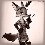  2017 anthro bracelet canine clothed clothing crossdressing cute disney dress fanartiguess flapper fox fur gem jewelry looking_at_viewer male mammal monochrome necklace nick_wilde pearl_(gem) pearls sepia smoking standing toony zootopia 
