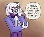  2017 animate_inanimate arm_support biped black_eyes blush bow_tie brown_background button_(fastener) clothing cuphead_(game) dialogue dice digital_drawing_(artwork) digital_media_(artwork) english_text facial_hair front_view gloves half-closed_eyes hand_on_head holding_arm humanoid innuendo jacket king_dice leaning_on_elbow male markings mustache not_furry object_head open_clothing open_jacket open_mouth open_smile pants purple_body purple_bottomwear purple_clothing purple_markings purple_nose purple_spots purple_tongue purple_topwear simple_background smile solo speech_bubble spots standing suggestive suit text toony two_tone_body white_body white_clothing white_topwear wonderweird 