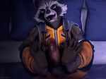  2017 3d_(artwork) 4:3 anthro averyhyena balls claws clothed clothing digital_media_(artwork) erection fangs feet guardians_of_the_galaxy hi_res lying male mammal marvel on_back paws penis penis_through_fly poking_out presenting raccoon rocket_raccoon solo source_filmmaker tongue video_games 