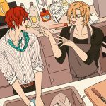  apron blonde_hair book bottle cooking feeding hypnosis_mic izanami_hifumi kannonzaka_doppo kitchen multicolored_hair multiple_boys red_hair shirt sink tie 