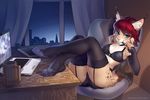 2017 anthro armwear bedroom_eyes biped black_bottomwear black_clothing black_topwear blue_eyes bra building camel_toe canine chair city clothing computer cup curtains elbow_gloves feline female fur garter_straps gloves hair half-closed_eyes hindpaw inside iskra lace laptop legs_up legwear lingerie lynx mammal multicolored_body multicolored_fur night nude panties paws pen reclining red_hair seductive solo stockings table tan_body tan_fur underwear white_body window 